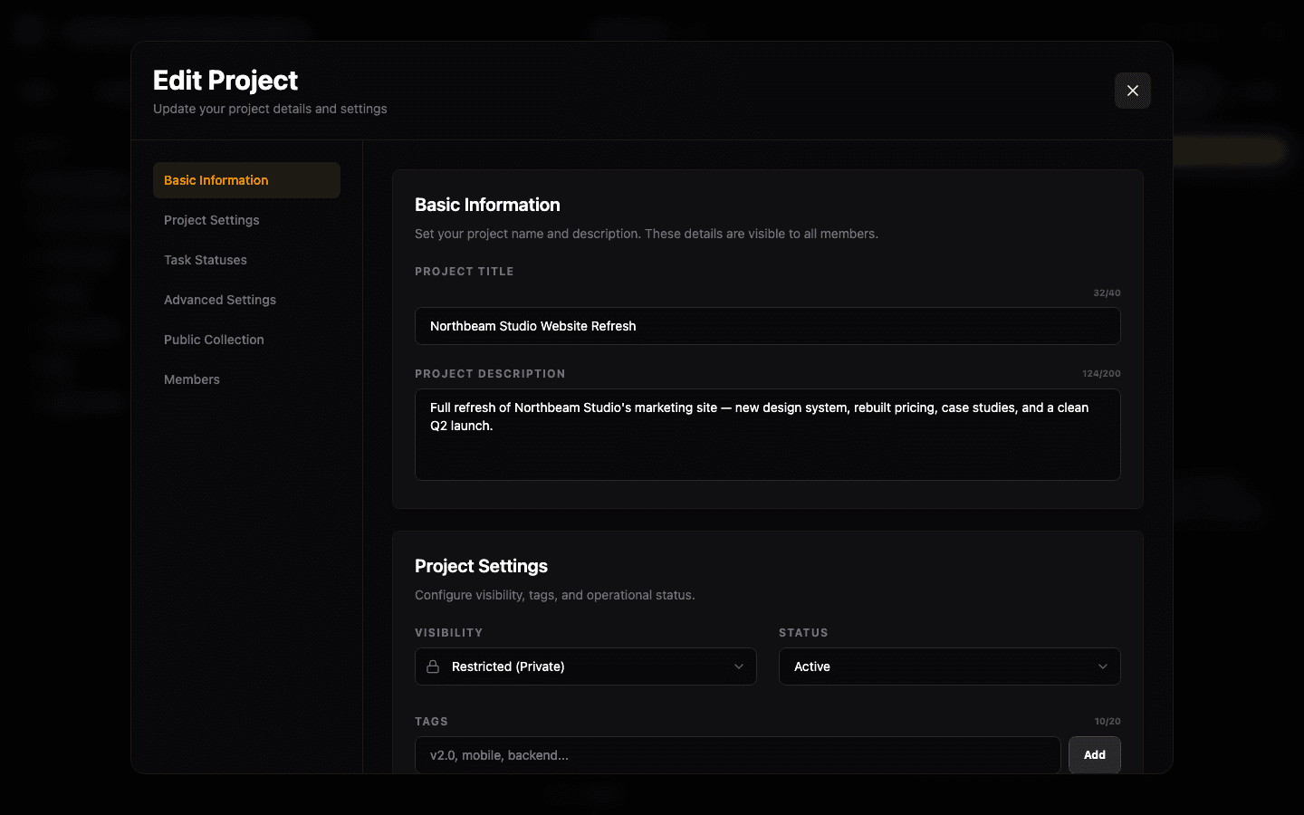 Project settings panel with visibility, status, and tag controls