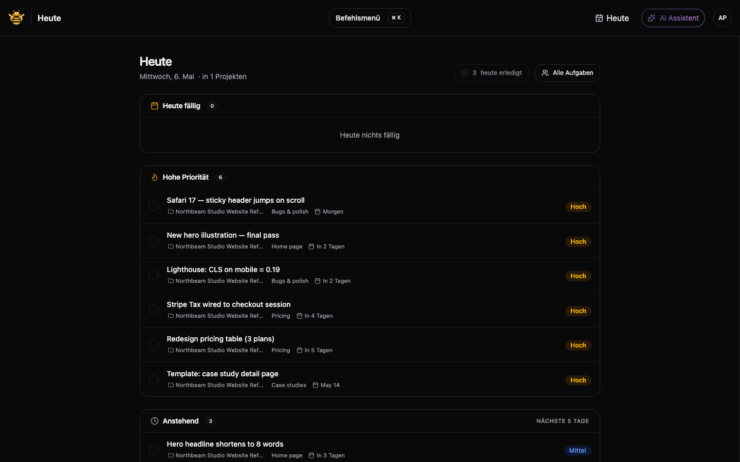 Screenshot der projektübergreifenden Heute-Ansicht mit Überfällig-, Heute-fällig- und Hohe-Priorität-Buckets