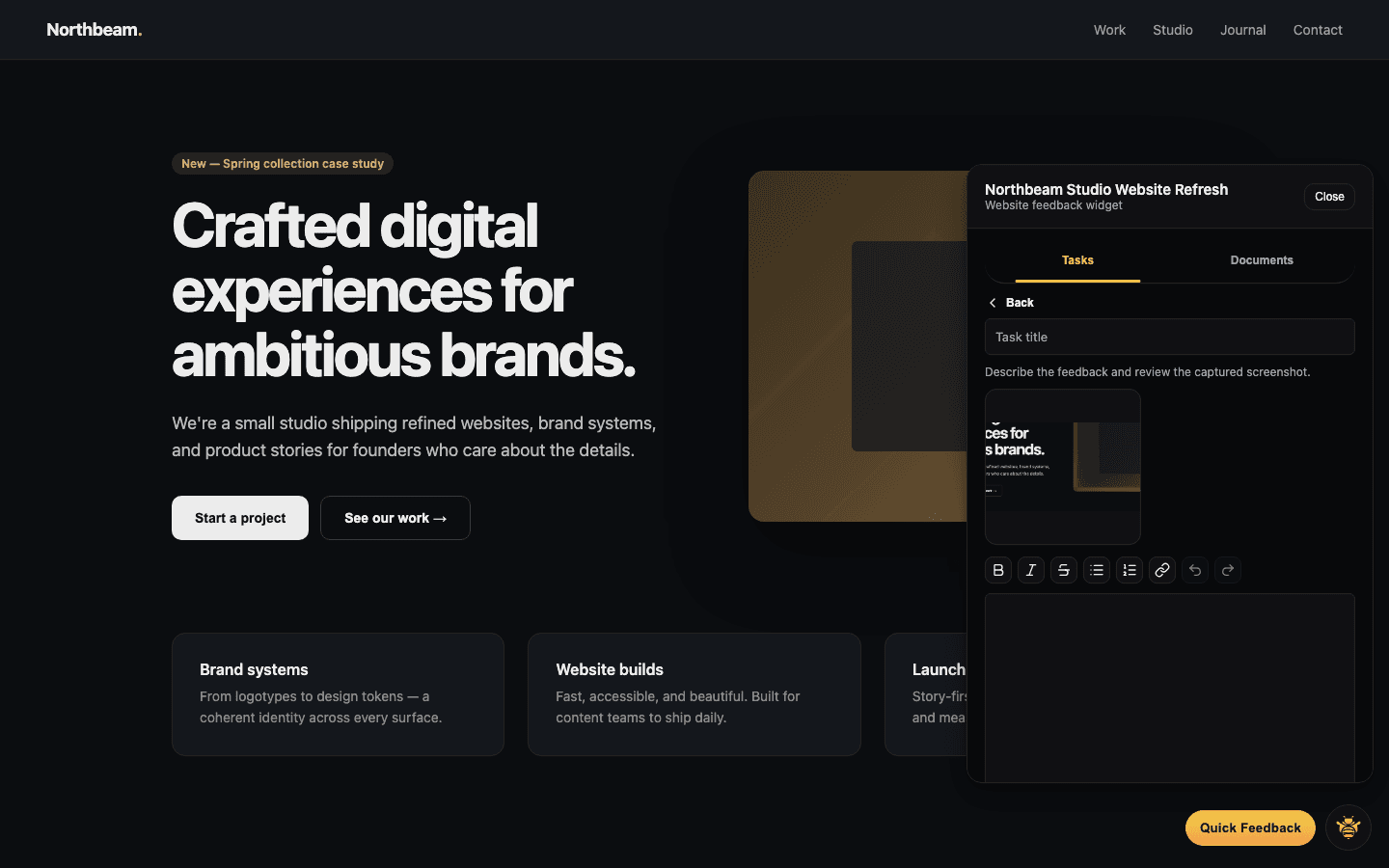 Embedded bug report widget with screenshot annotation overlay