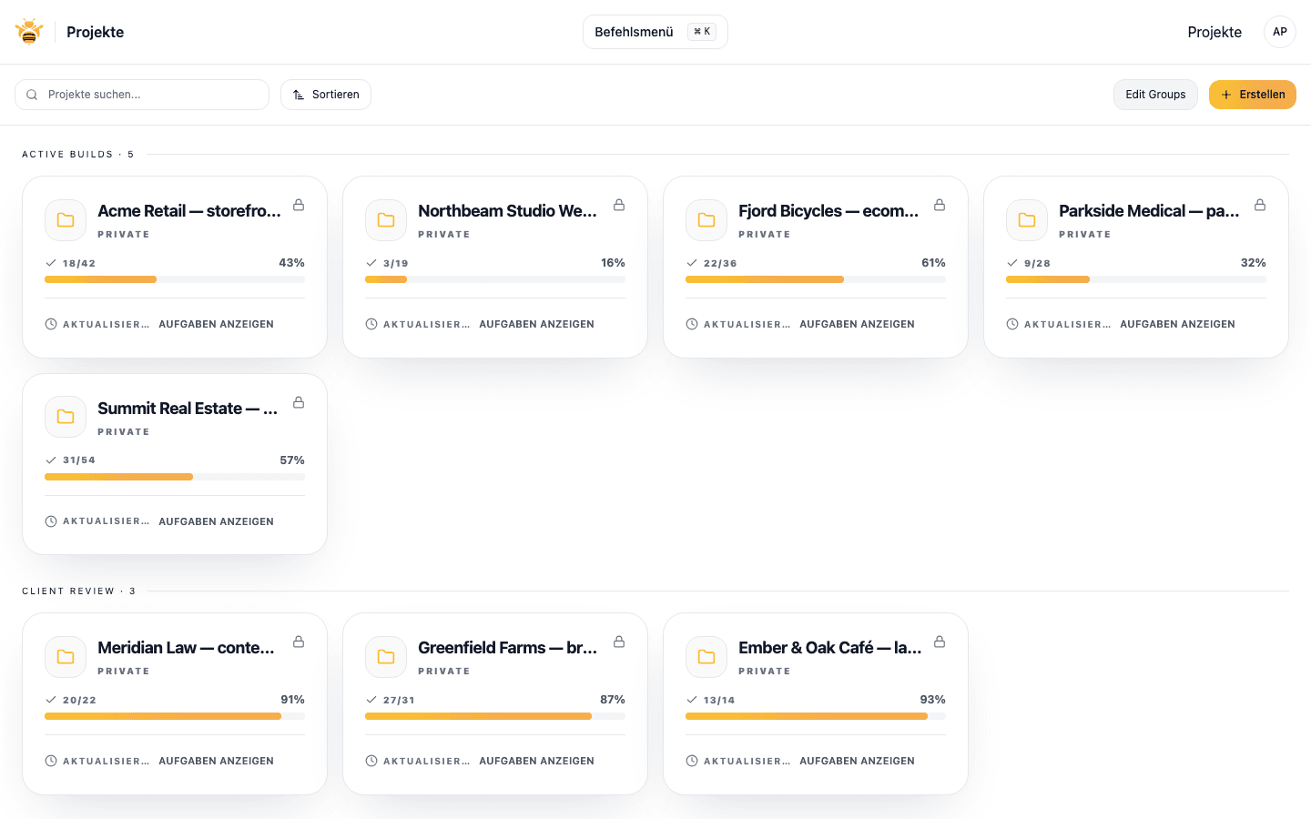 Agency dashboard listing multiple client projects grouped by status