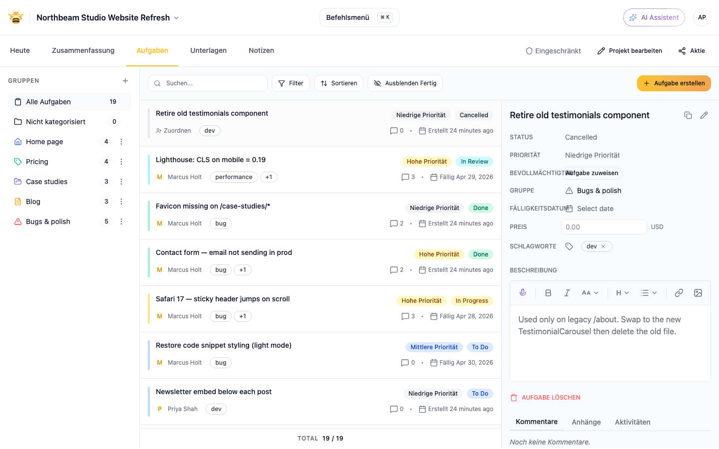 Triage board showing incoming widget feedback organized by status