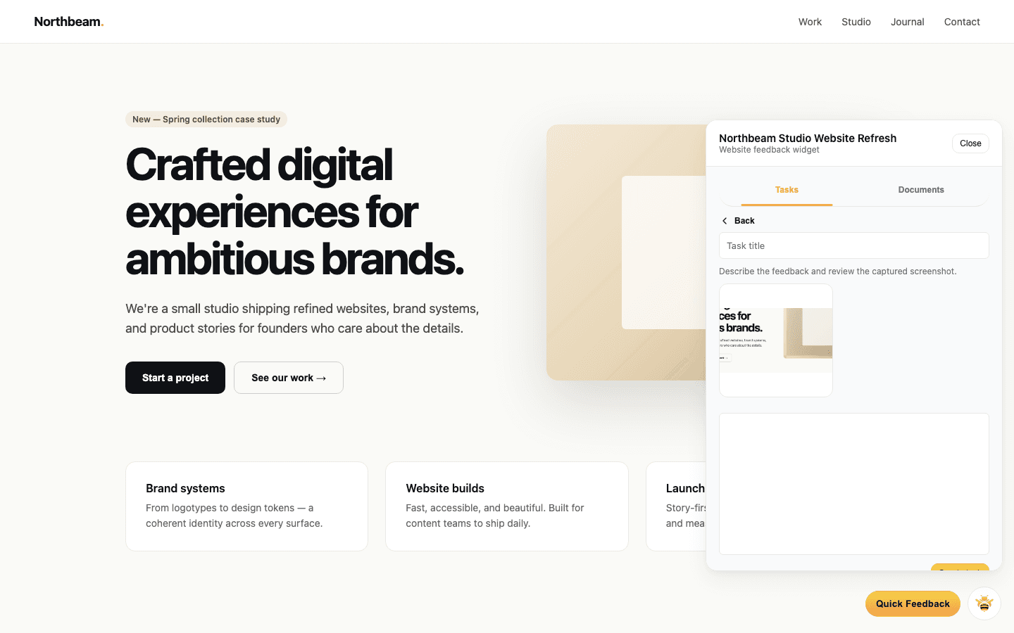 Embedded bug report widget with screenshot annotation overlay