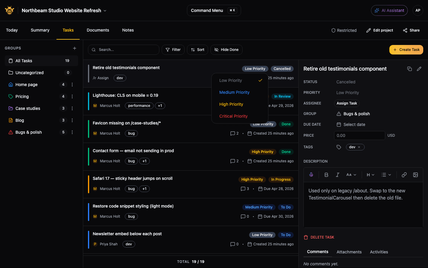 Bug triage board with priority, severity, and assignment columns