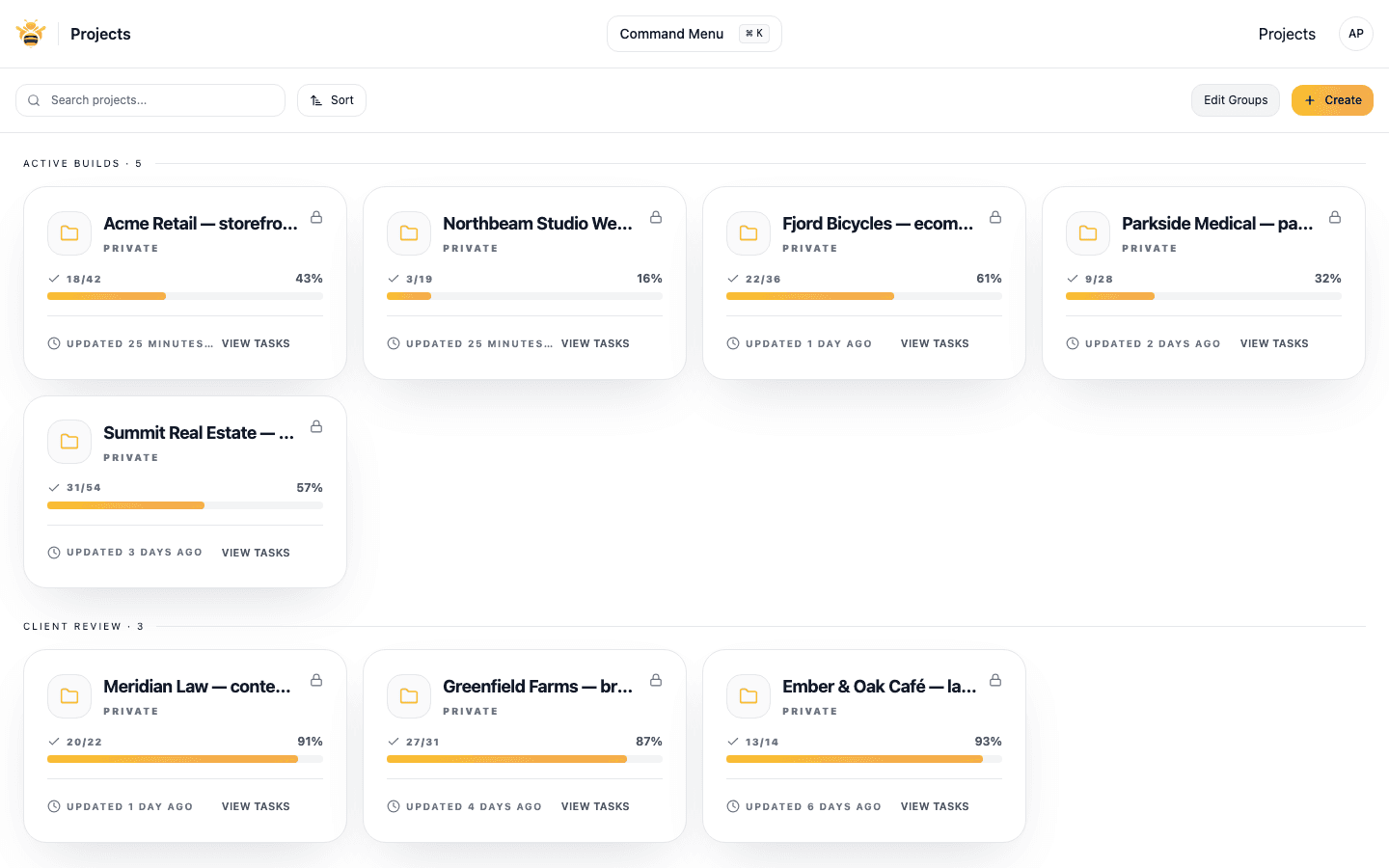 Agency dashboard listing multiple client projects grouped by status