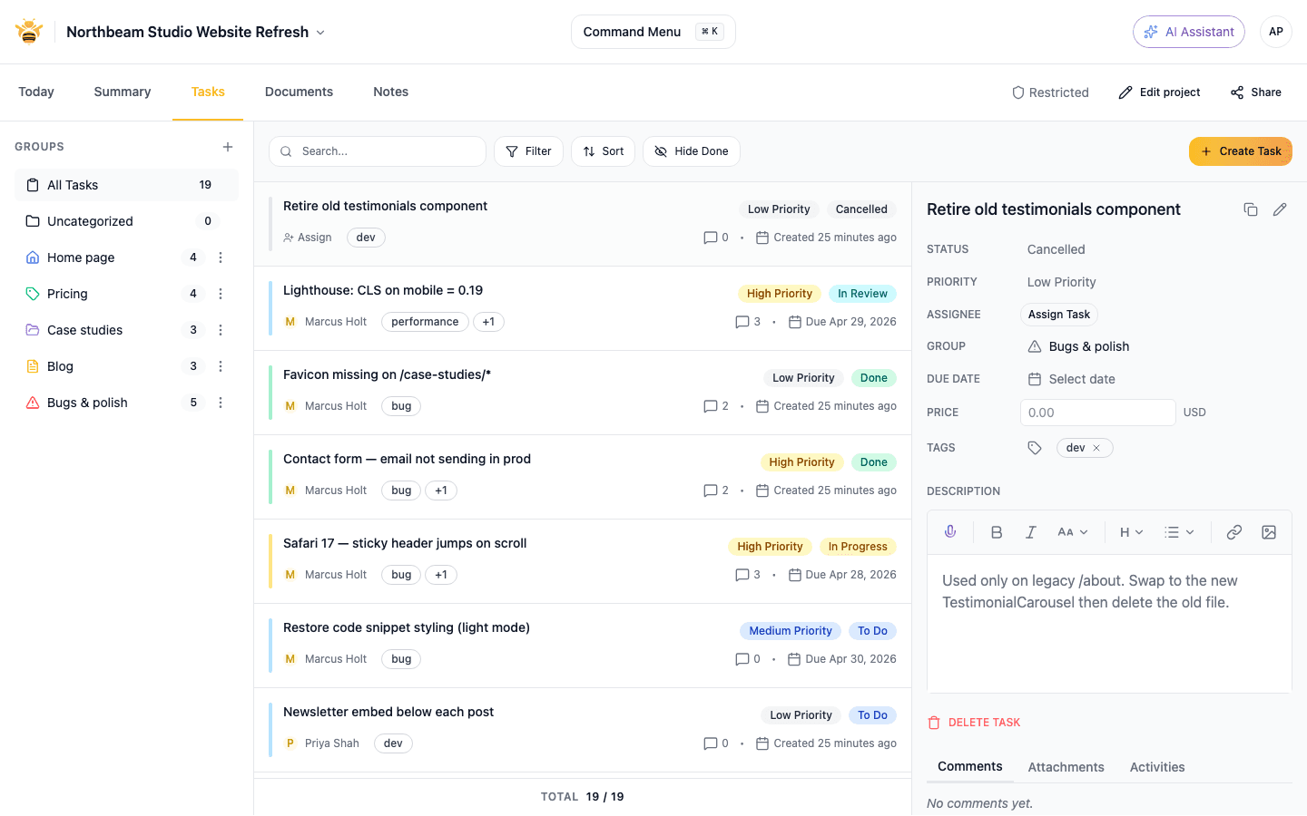 Triage board showing incoming widget feedback organized by status
