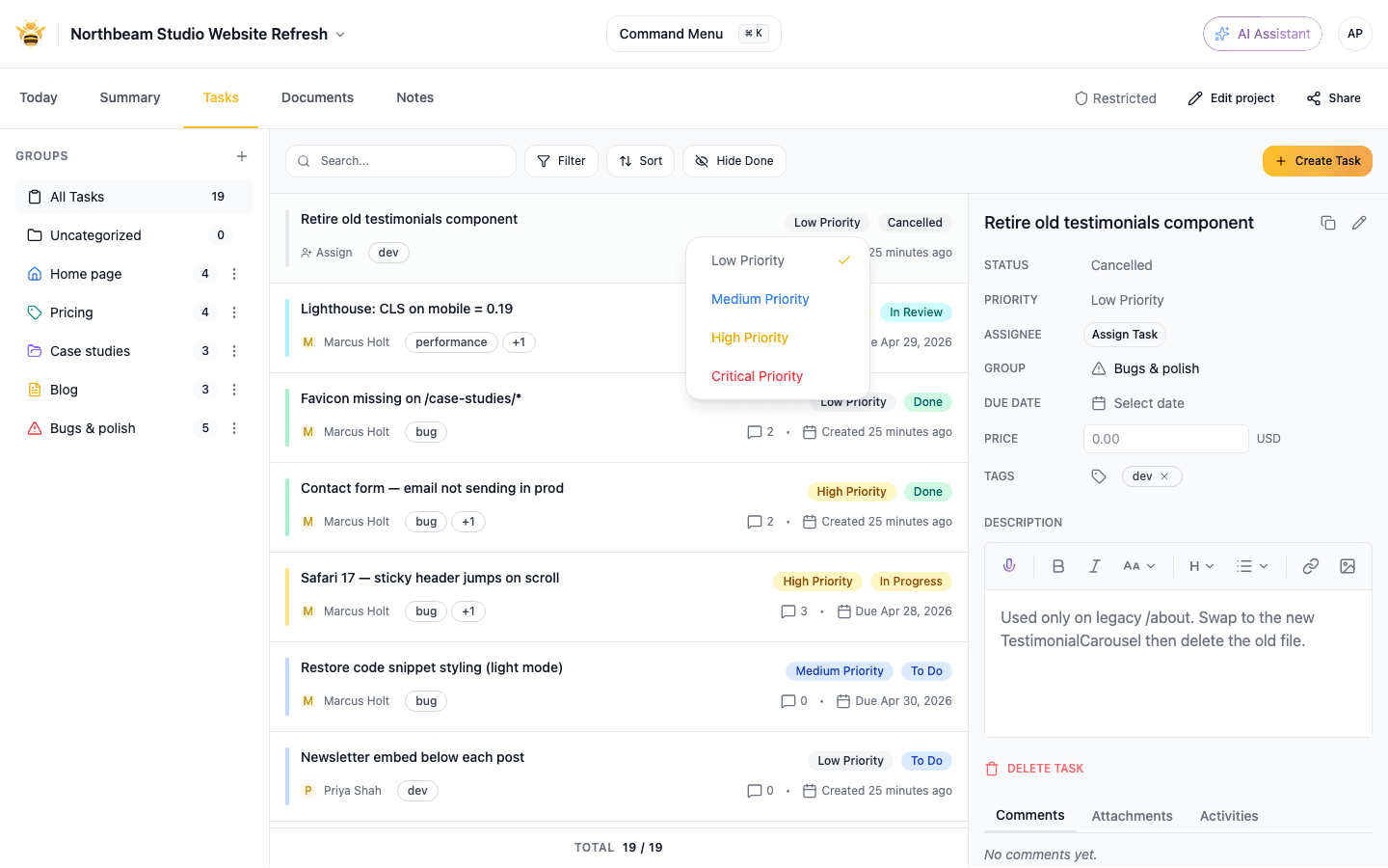 Bug triage board with priority, severity, and assignment columns