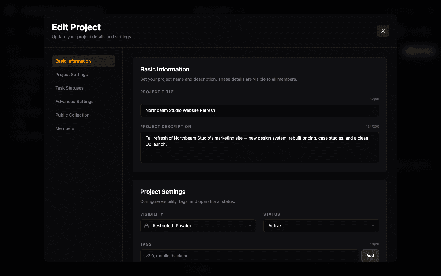 Project settings panel with visibility, status, and tag controls