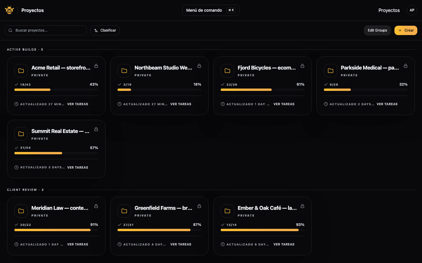 Agency dashboard listing multiple client projects grouped by status