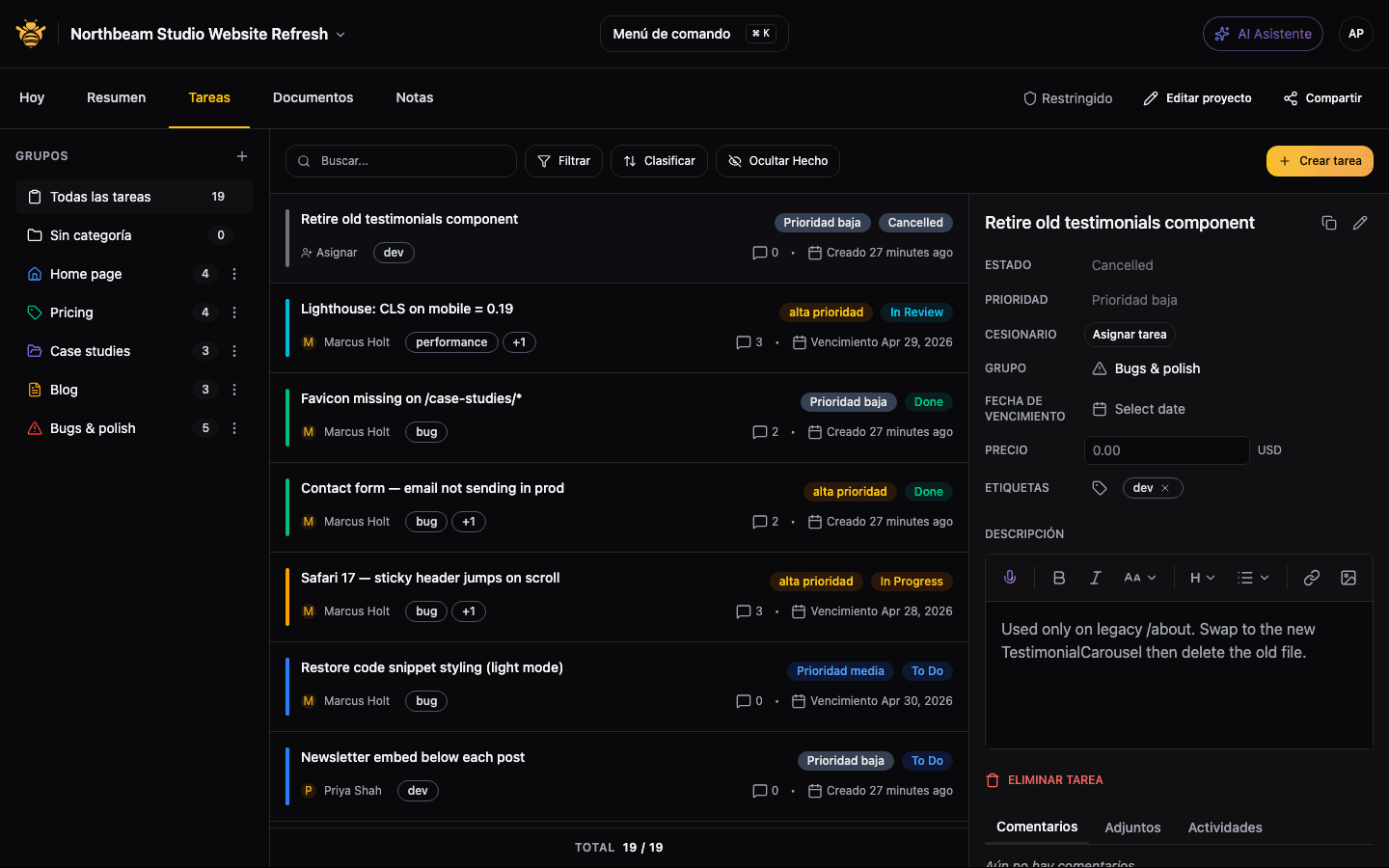 Triage board showing incoming widget feedback organized by status