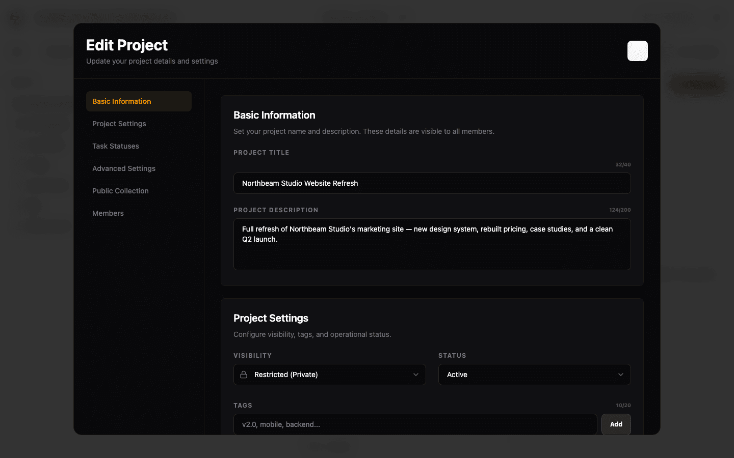 Project settings panel with visibility, status, and tag controls