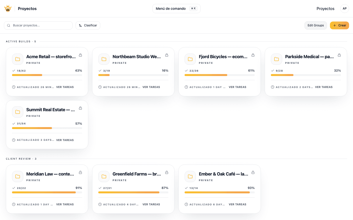 Agency dashboard listing multiple client projects grouped by status