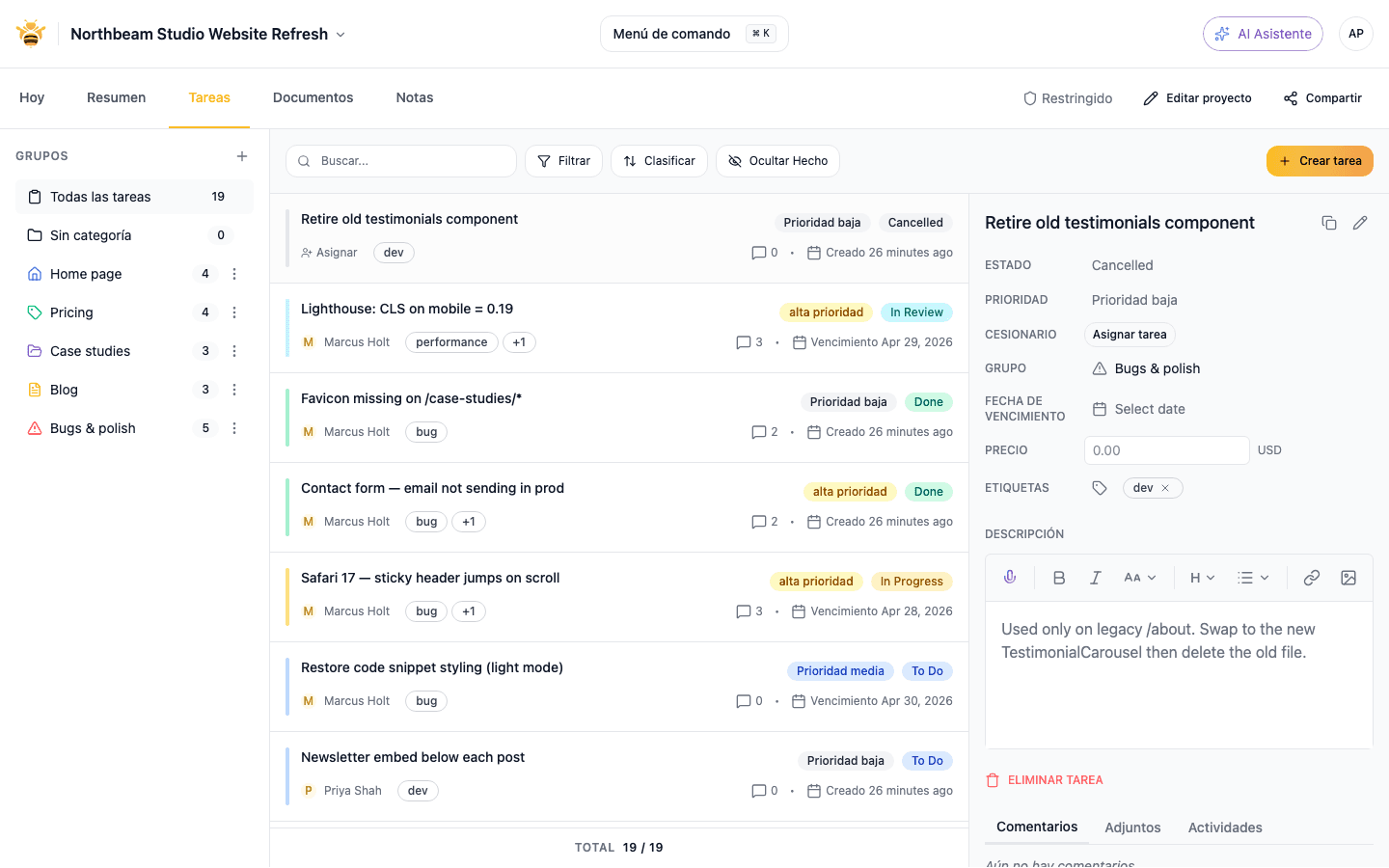 Bug triage board with priority, severity, and assignment columns