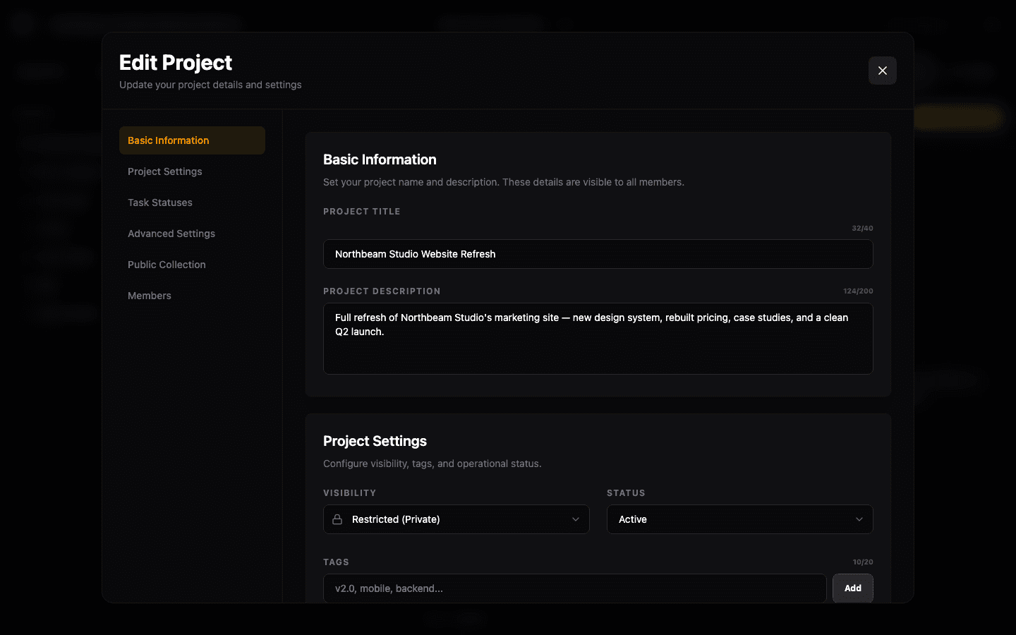 Project settings panel with visibility, status, and tag controls