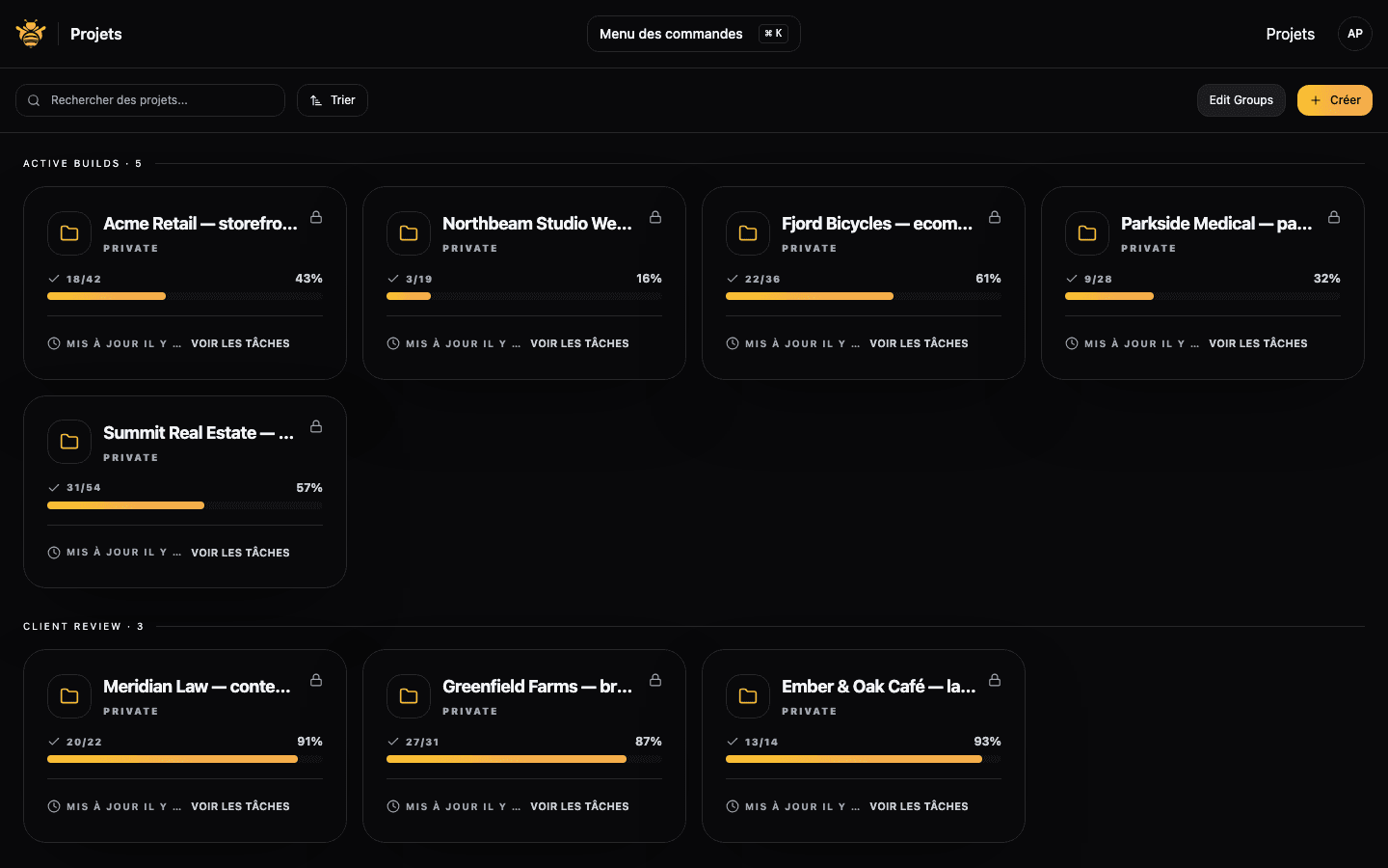 Agency dashboard listing multiple client projects grouped by status