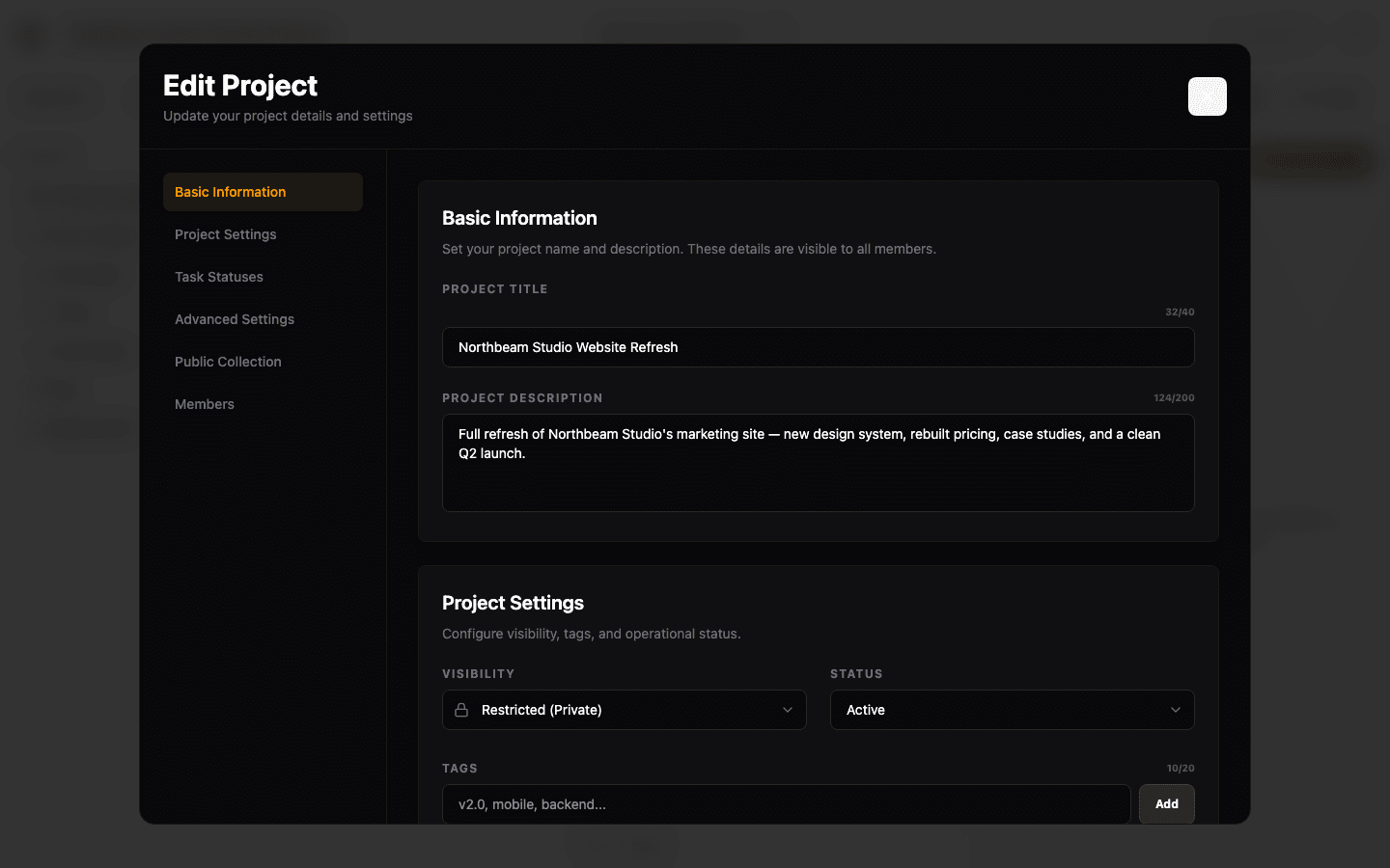 Project settings panel with visibility, status, and tag controls