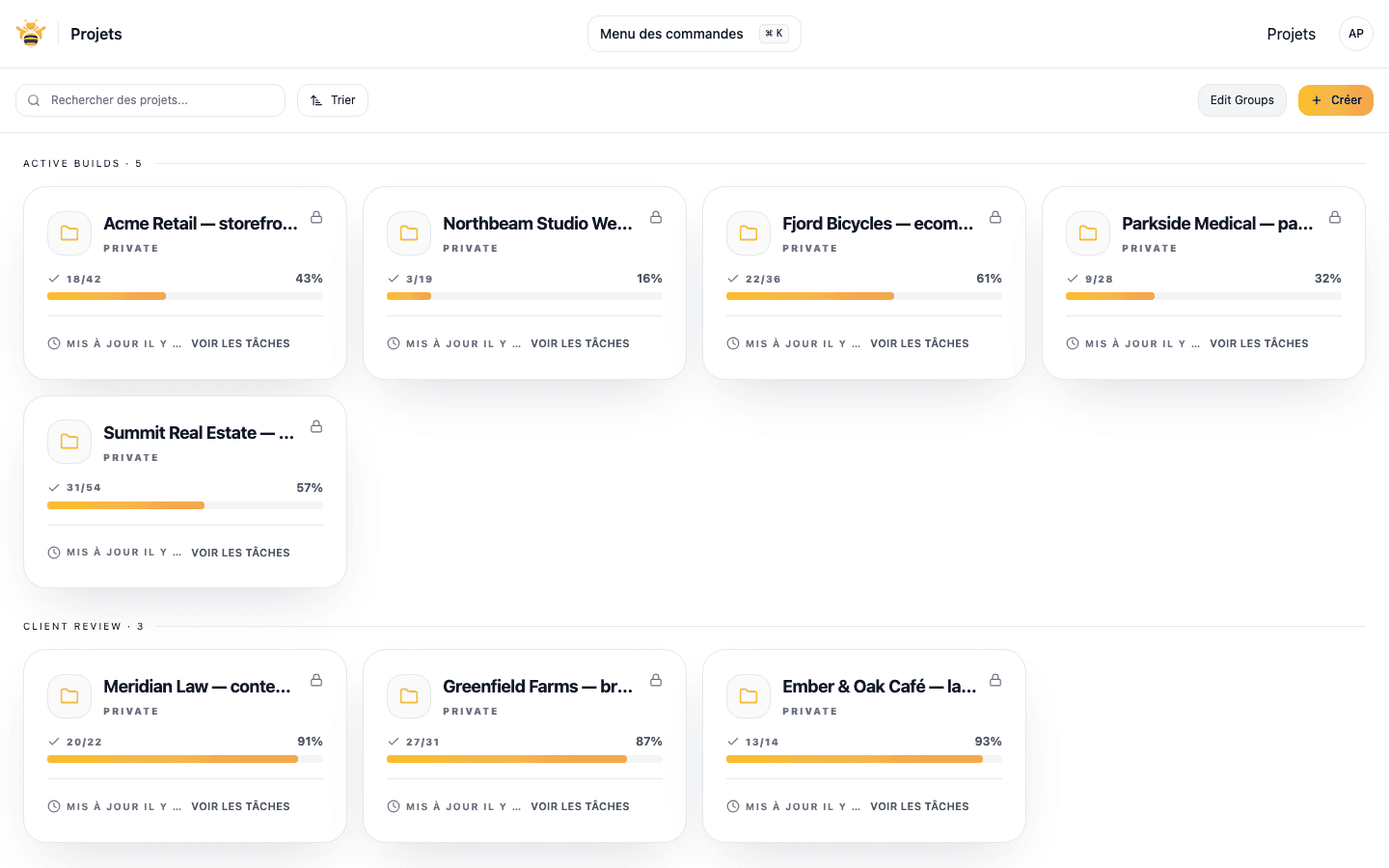 Agency dashboard listing multiple client projects grouped by status
