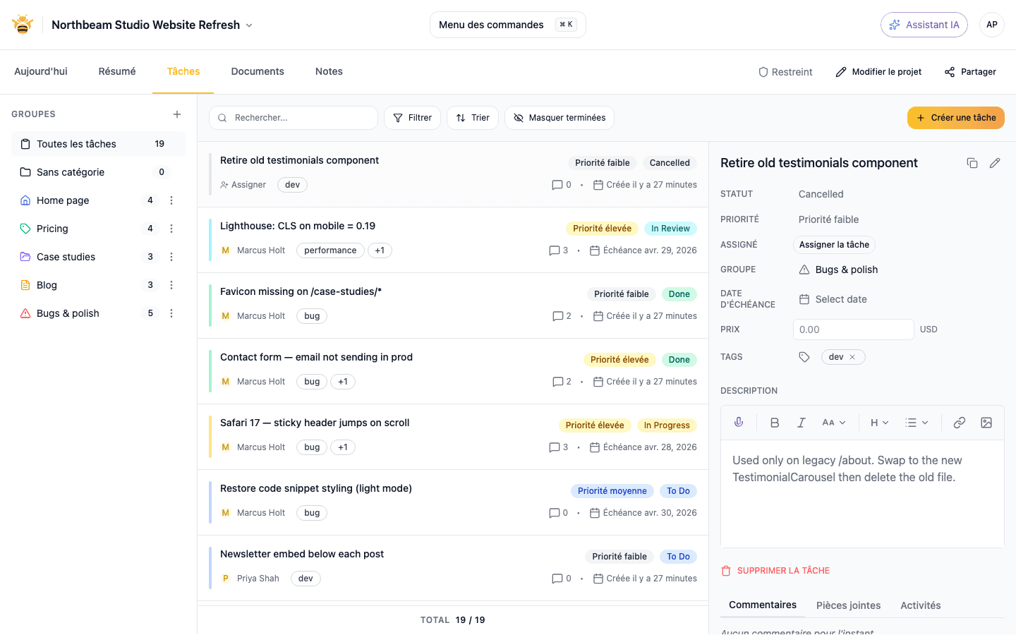 Triage board showing incoming widget feedback organized by status