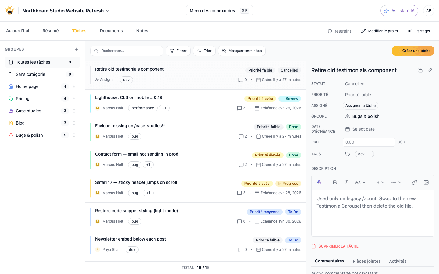 Bug triage board with priority, severity, and assignment columns