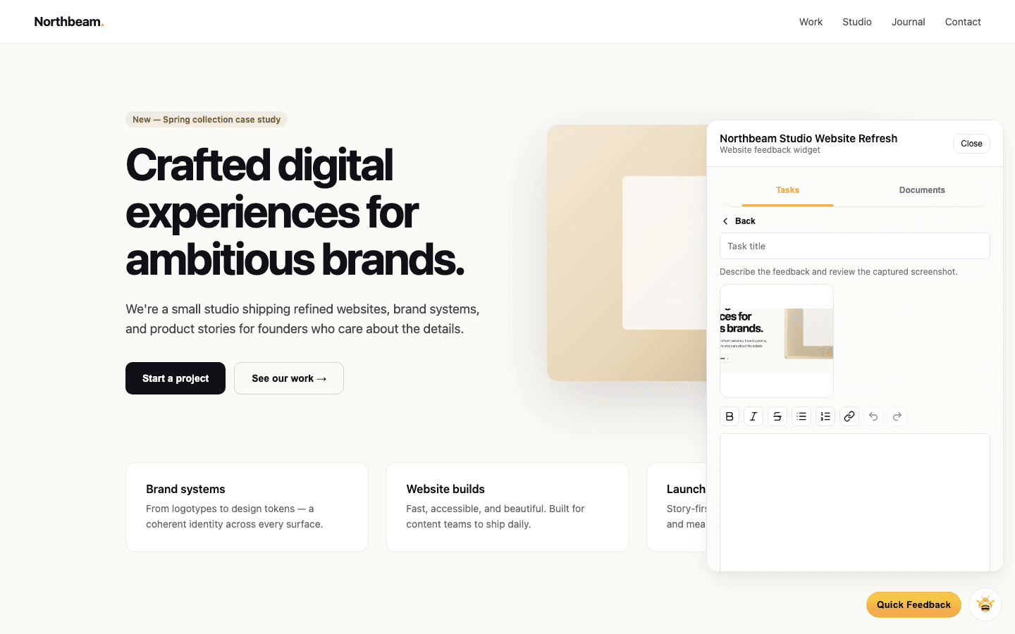 Embedded bug report widget with screenshot annotation overlay