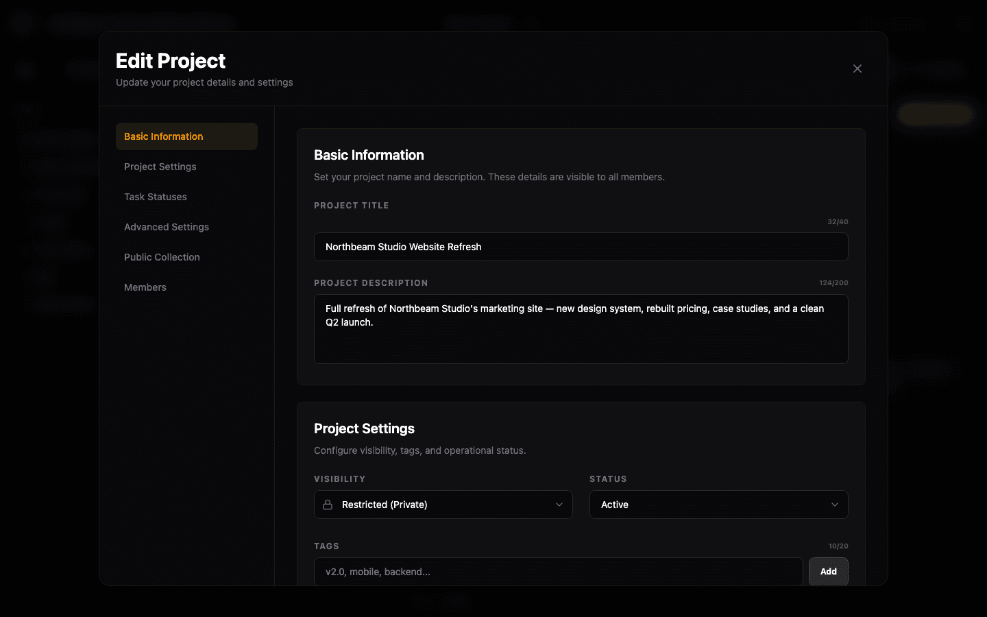 Project settings panel with visibility, status, and tag controls