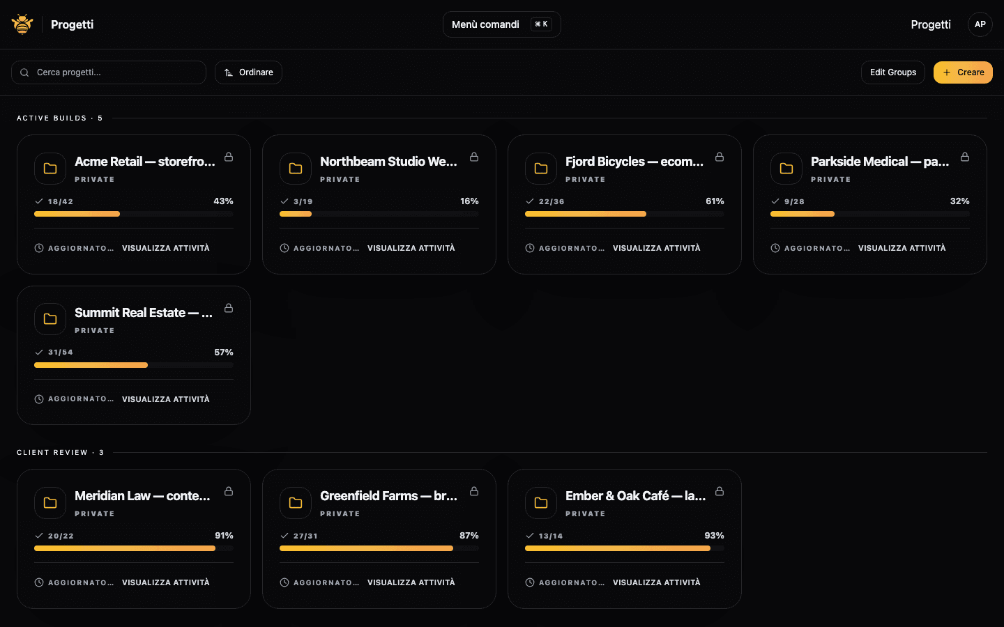 Agency dashboard listing multiple client projects grouped by status