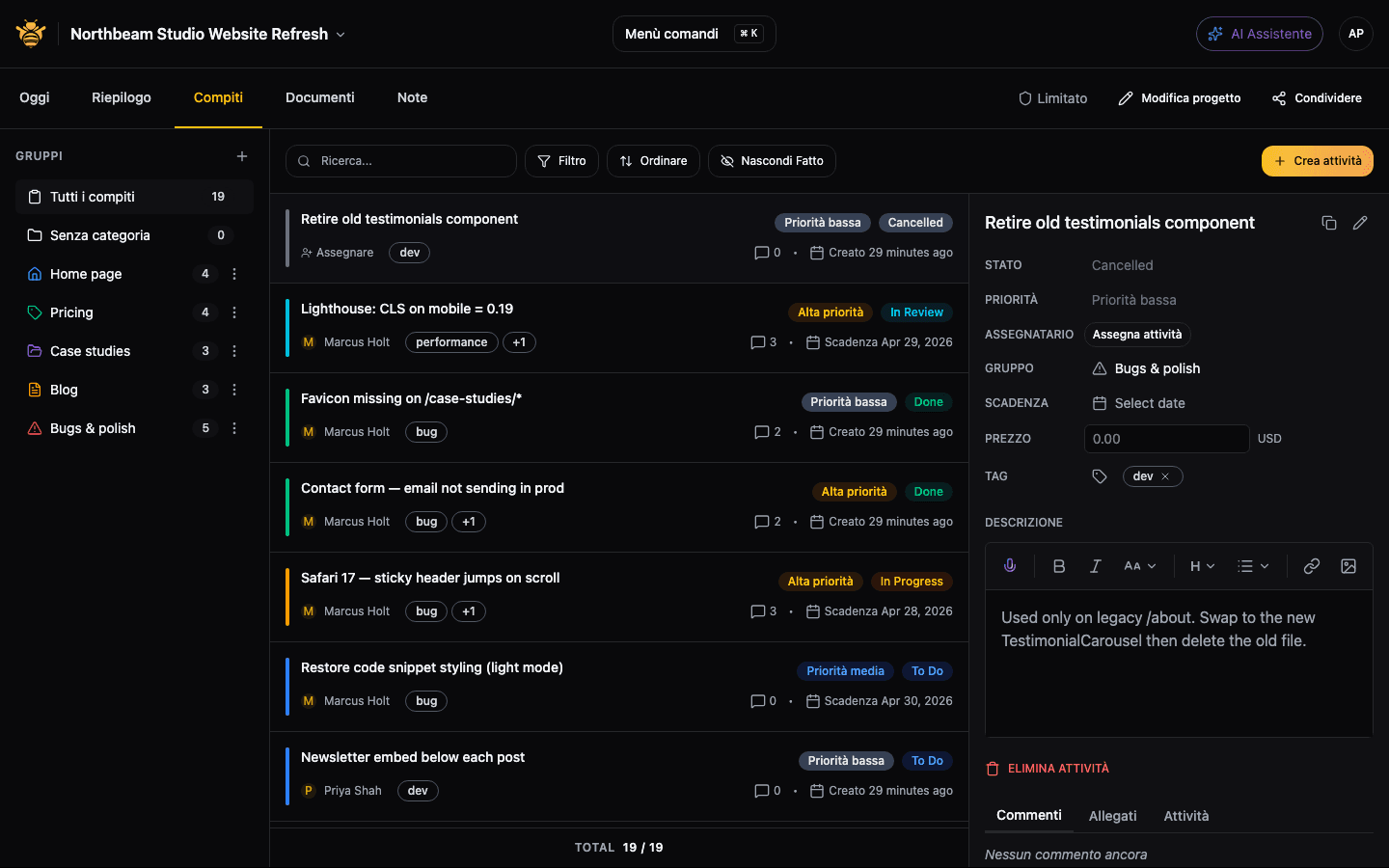 Bug triage board with priority, severity, and assignment columns