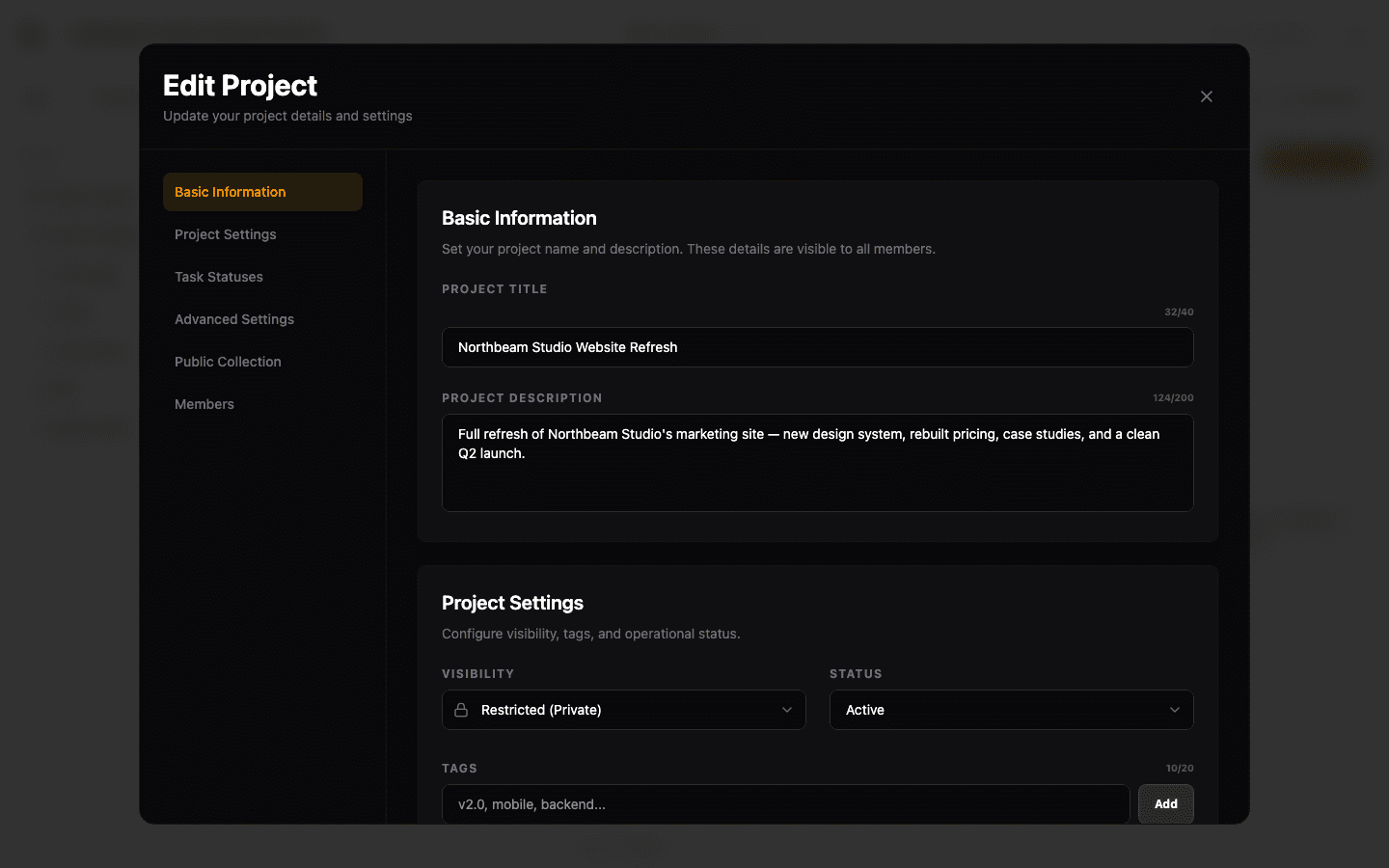 Project settings panel with visibility, status, and tag controls