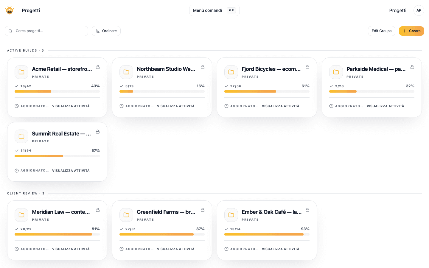 Agency dashboard listing multiple client projects grouped by status