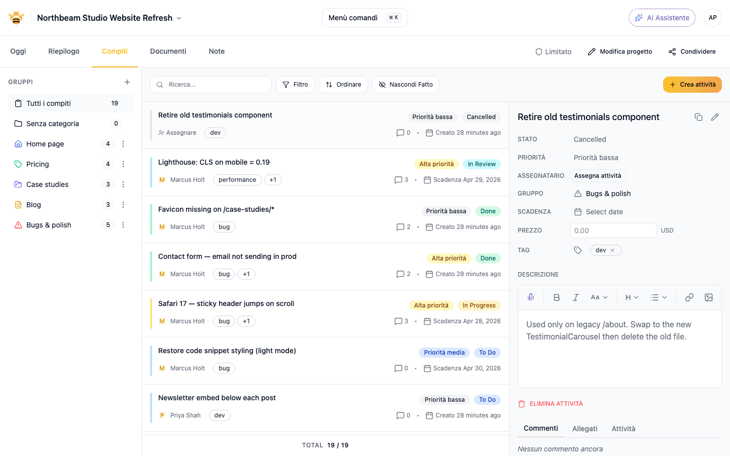 Bug triage board with priority, severity, and assignment columns