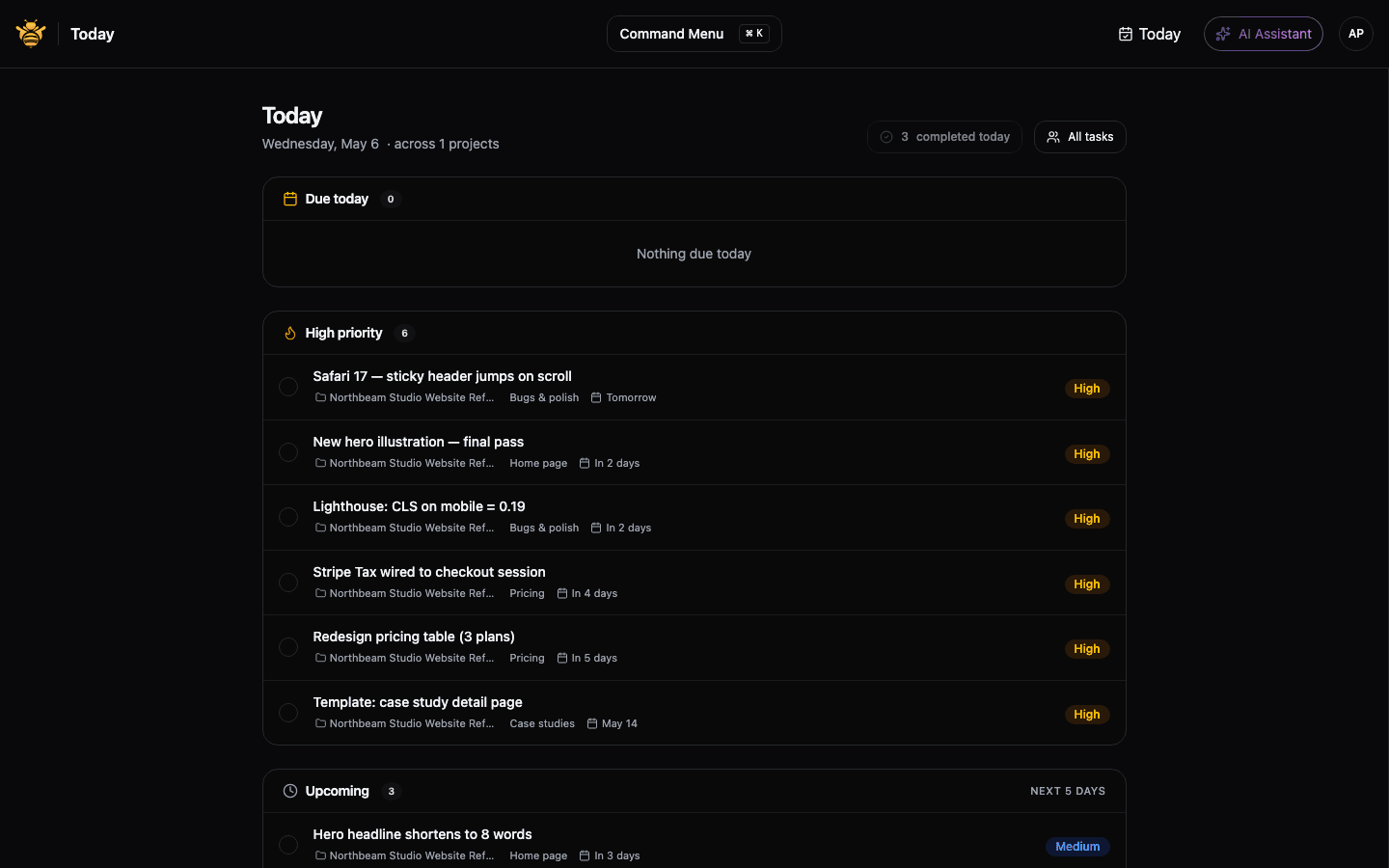 Screenshot of the cross-project Today view with overdue, due-today, and high-priority buckets