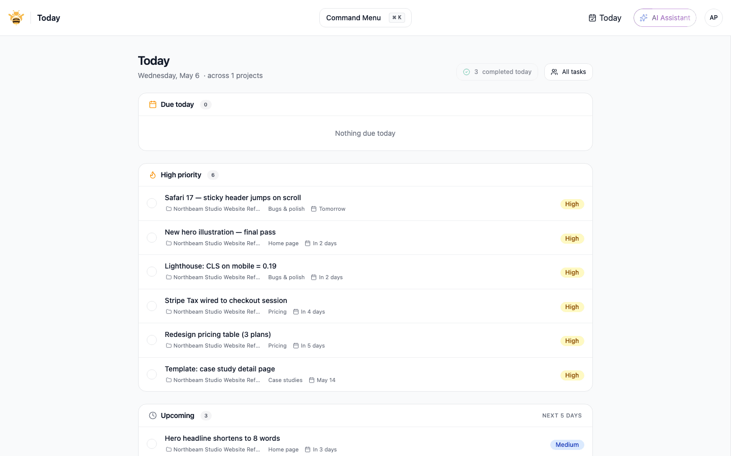 Screenshot of the cross-project Today view with overdue, due-today, and high-priority buckets